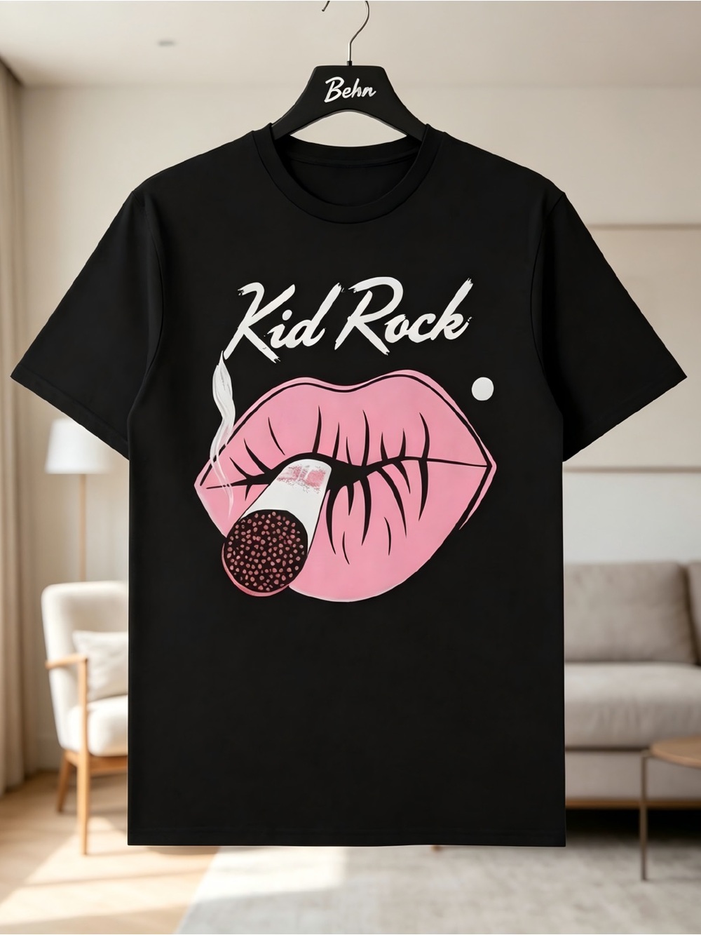 Kid Rock Pink Lips Cigarette Print Black Womens Mens T-shirt Unisex